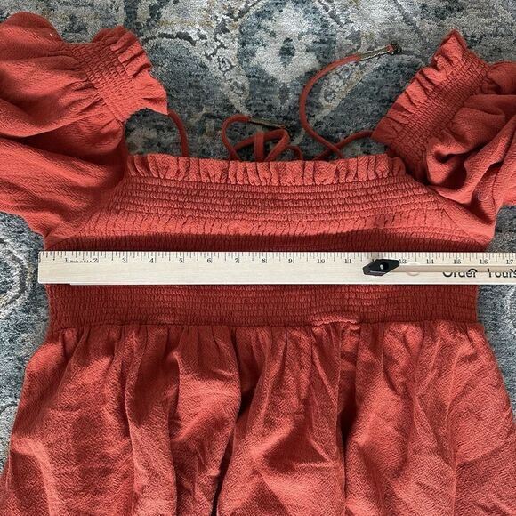 Free People Babydoll Dress Medium Boho Chic Peasant Smocked Coastal Burnt Orange - Picture 3 of 5